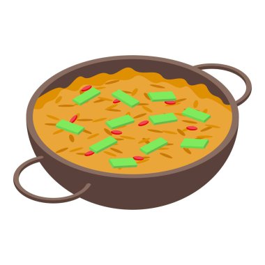 İspanyol paella ikonu izometrik vektörü. Deniz ürünleri mutfağı. Balık İspanya