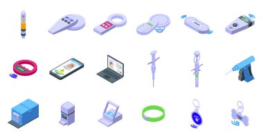 Evcil hayvan ikonları için mikroçip, izometrik vektör seti. Hayvan kedi. Dijital gelecek