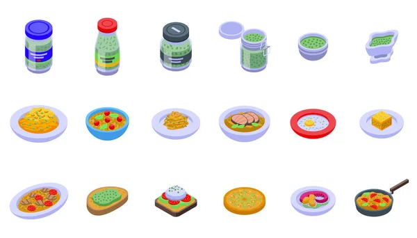Pesto Icons Set Isometric Vector Food Sauce Jar Bowl — Stock Vector