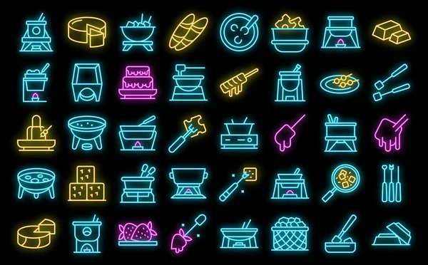 Fondue Symbole Setzen Umrissvektoren Käse Schmolzen Kochen Küche Neon Farbe — Stockvektor