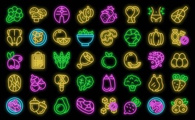 Paleo diyet simgeleri ana hatları belirler. Deniz ürünleri diyeti. Siyah üzerine glüten sağlık neon rengi