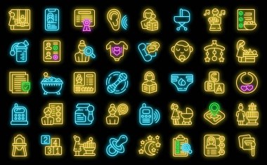 Bebek bakıcılığı servis simgeleri ana hatları belirlendi. Dijital çocuk bakımı. Eğitim hizmeti siyah üzerine neon rengi