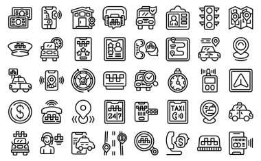 Taksi çağırma simgeleri ana hat vektörünü ayarlayın. Uygulama çevrimiçi. Çevrimiçi trafik