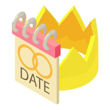 Düğün tarihi ikonu izometrik vektörü. Alyanslı takvim, altın taç. Kutlama, unutulmaz olay