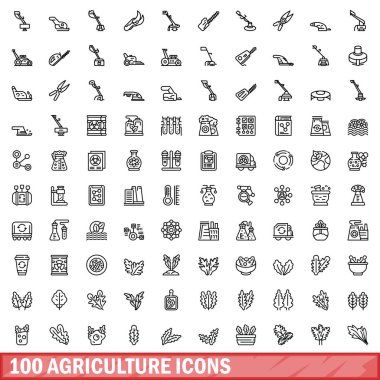100 tarım simgesi belirlendi. Beyaz arkaplanda izole edilmiş 100 tarım simgesi vektörünün ana hatları