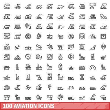 100 havacılık simgesi ayarlandı. Beyaz arkaplanda izole edilmiş 100 havacılık simgesi vektörünün ana hatları