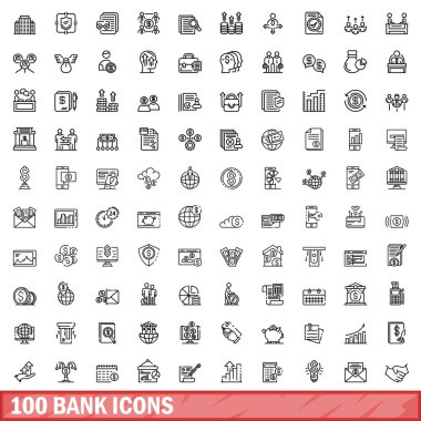 100 banka simgesi ayarlandı. Beyaz arkaplanda izole edilmiş 100 banka simgesi vektörünün taslağı