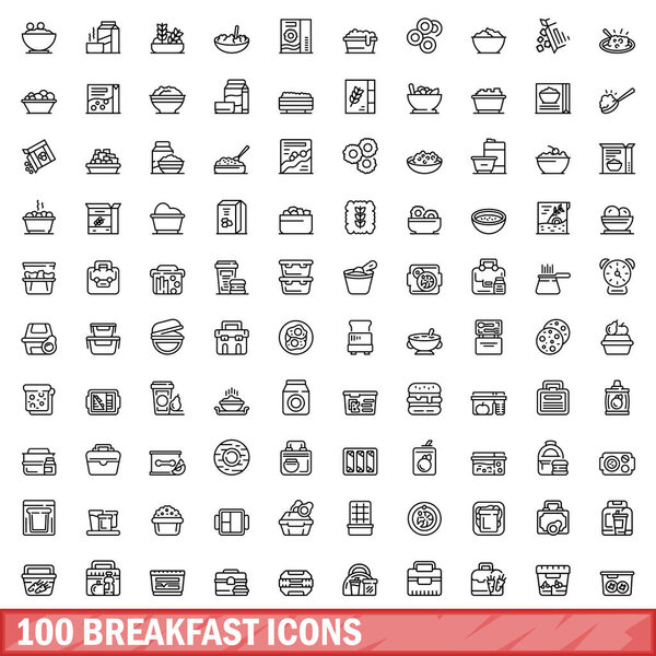 100 иконок для завтрака. Контурная иллюстрация 100 векторных значков завтрака, выделенных на белом фоне