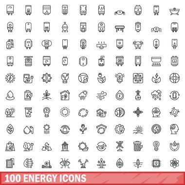 100 enerji ikonu ayarlandı. Beyaz arkaplanda izole edilmiş 100 enerji ikonu vektörünün taslağı