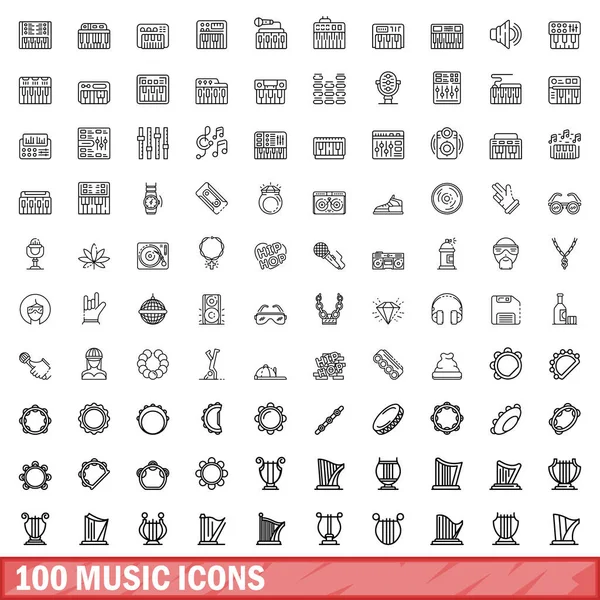 stock vector 100 music icons set. Outline illustration of 100 music icons vector set isolated on white background