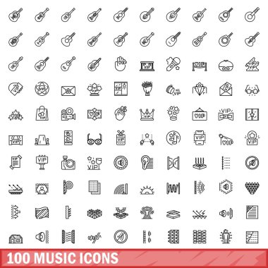 100 müzik ikonu hazır. Beyaz arkaplanda izole edilmiş 100 müzik simgesi vektörünün ana hatları