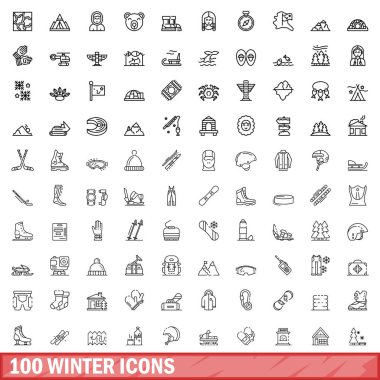 100 kış ikonu hazır. Beyaz arkaplanda izole edilmiş 100 kış ikonu vektörünün taslağı