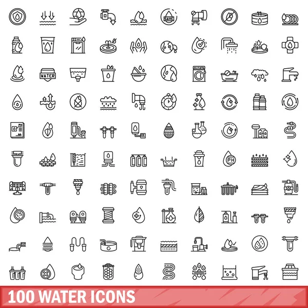 100 Iconos Agua Establecidos Esquema Ilustración 100 Iconos Agua Vector — Vector de stock