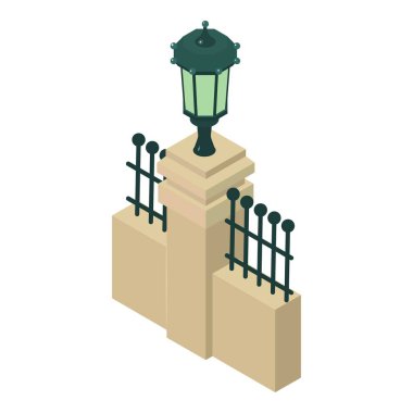 Fence element icon isometric vector. Fence with stone pillar and streetlight. Classical architectural element clipart