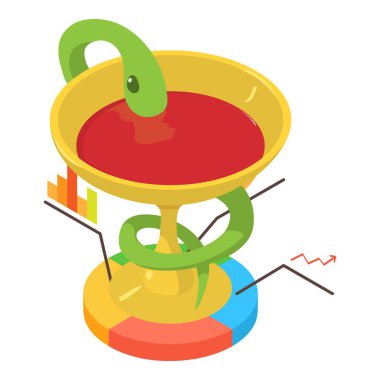 Medical symbol icon isometric vector. Green snake around golden bowl of liquid. Bowl of hygieia, pharmacy symbol clipart