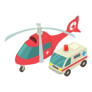 Medical transport icon isometric vector. Red helicopter and ambulance car icon. Ambulance, transport clipart