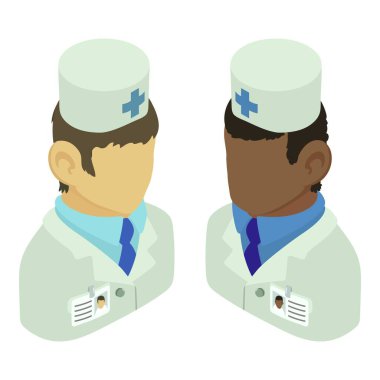 Erkek doktor ikon izometrik vektörü. Üniformalı iki sağlık görevlisi. Sağlık personeli, tıp ve sağlık hizmetleri kavramı