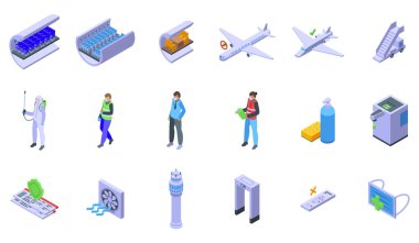 Uçak dezenfeksiyon ikonları izometrik vektör ayarlandı. Havaalanı uçağı. Kabin sağlığı