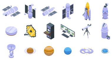 Hubble telescope icons set isometric vector. Space technology. Globe world clipart
