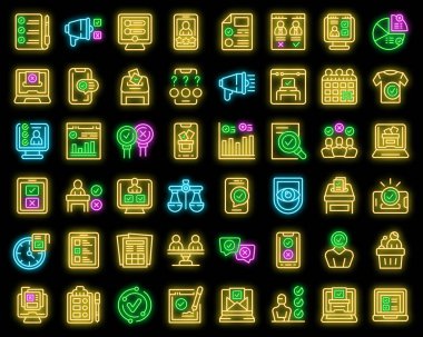 Elektronik seslendirme simgeleri ana hat vektörünü ayarladı. Oylama telefonu. Siyah üzerine dijital seçim neon rengi
