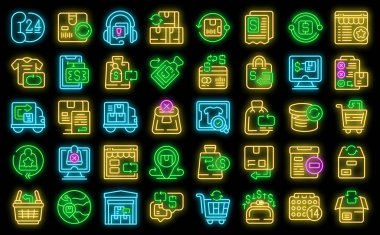 Satın alma işlemi simgeleri ana hatları belirler. Nakliye geliyor. Siyah üzerine neon rengi geri yükle