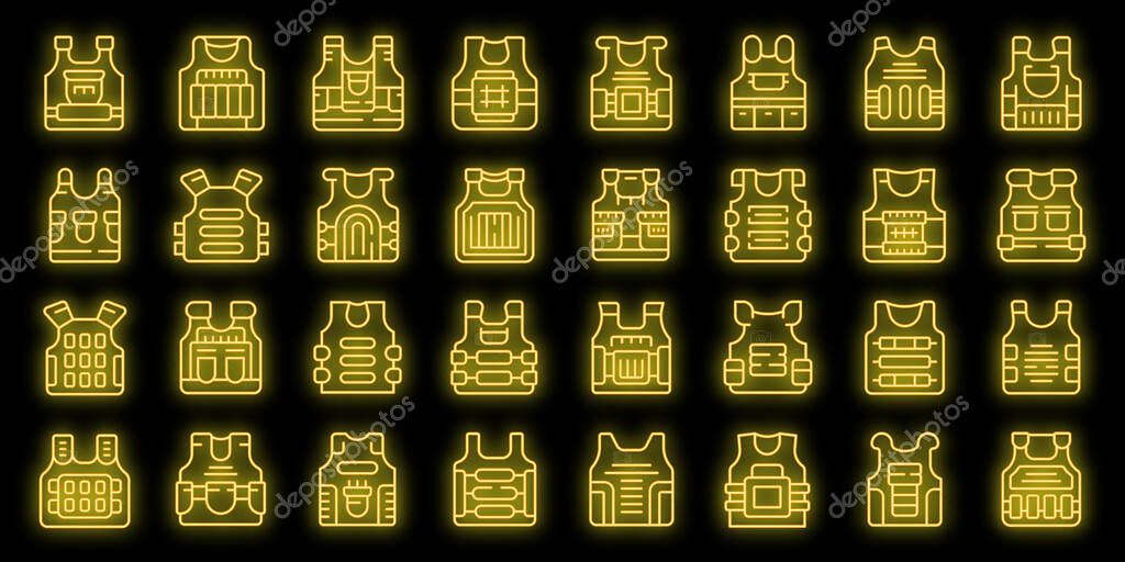 Bulletproof vest icons set outline vector. Armor body. Vest military neon color on black