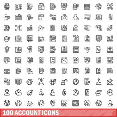 100 hesap simgesi ayarlandı. Beyaz arkaplanda izole edilmiş 100 hesap simgesi vektörünün taslağı