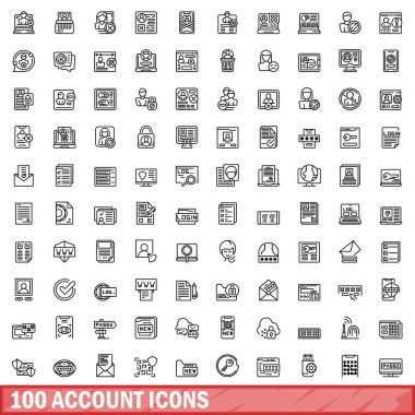 100 hesap simgesi ayarlandı. Beyaz arkaplanda izole edilmiş 100 hesap simgesi vektörünün taslağı