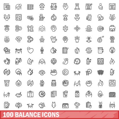 100 denge simgesi ayarlandı. Beyaz arkaplanda izole edilmiş 100 denge simgesi vektörünün taslağı