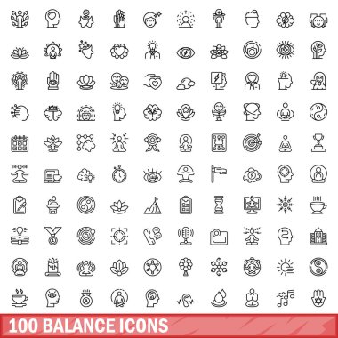 100 denge simgesi ayarlandı. Beyaz arkaplanda izole edilmiş 100 denge simgesi vektörünün taslağı