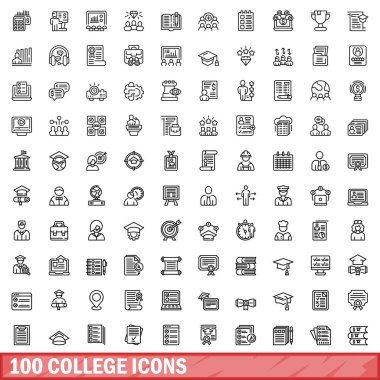100 üniversite ikonu hazır. Beyaz arkaplanda izole edilmiş 100 kolej simgesi vektörünün taslağı