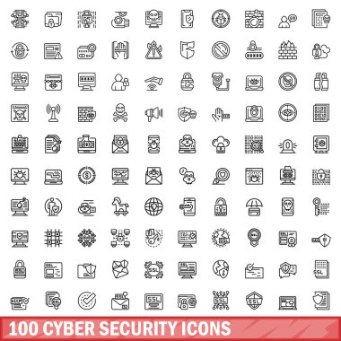 100 siber güvenlik simgesi ayarlandı. Beyaz arkaplanda izole edilmiş 100 siber güvenlik ikonu vektörünün taslağı