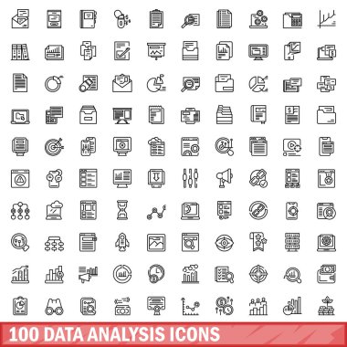 100 veri analiz simgesi ayarlandı. Beyaz arkaplanda izole edilmiş 100 veri analiz ikonu vektörünün ana hatları