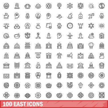 100 doğu simgesi hazır. Beyaz arkaplanda izole edilmiş 100 doğu simgesi vektörünün taslağı