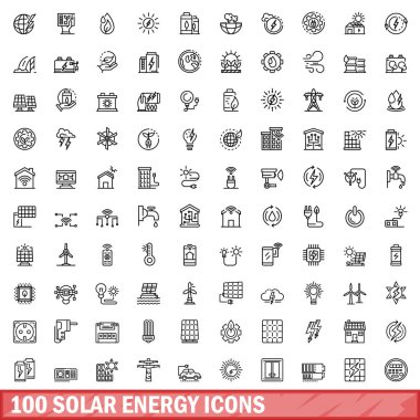 100 güneş enerjisi ikonu ayarlandı. Beyaz arkaplanda izole edilmiş 100 güneş enerjisi ikonu vektörünün ana hatları