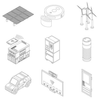 Akıllı aygıt simgesi seti. Akıllı aygıt vektör simgelerinin Isometric kümesi beyaz arkaplan üzerindeki ana vektör çizgisi