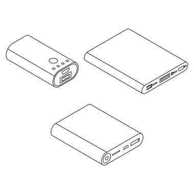 Güç bankası simgeleri ayarlandı. Isometric güç bankası vektör simgeleri kümesi beyaz arkaplan üzerindeki ana vektör çizgisi