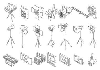 Sahne ışıkları simgeleri ayarlandı. Isometric set of spotlight vektör simgeleri beyaz arkaplan üzerindeki ana vektör çizgisi