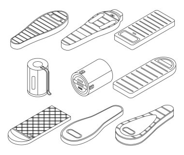 Uyku tulumu simgeleri ayarlandı. Uyku tulumu vektör simgelerinin Isometric kümesi beyaz arkaplan üzerindeki ana vektör çizgisi