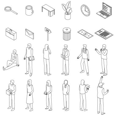 İşsiz simgeler ayarlandı. İşsiz vektör simgelerinin Isometric kümesi beyaz arkaplan üzerindeki ana vektör çizgisi