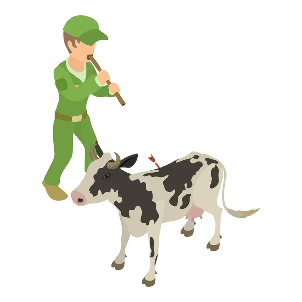 Εικονίδιο Εμβολιασμού Ζώων Ισομετρικό Διάνυσμα Άνθρωπος Πίπα Βελάκι Κοντά Αγελάδα — Διανυσματικό Αρχείο