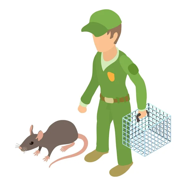 Nagetiere Steuern Isometrischen Vektor Sanitärarbeiter Mit Käfig Fängt Graue Ratte — Stockvektor