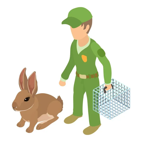 捕获宠物图标等距矢量 穿着制服的人 手里拿着笼子 靠近兔子 捕捉家畜 — 图库矢量图片