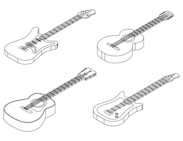 Icônes Guitare Réglées Ensemble Isométrique Icônes Vectorielles Guitare Contour Vecteur — Image vectorielle