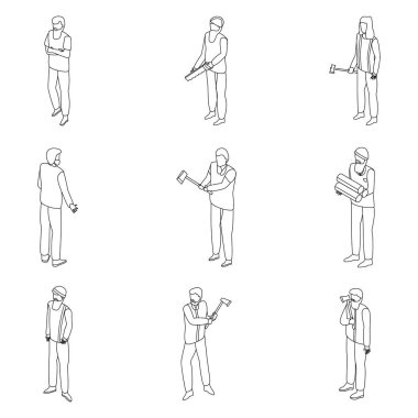 Oduncu simgeleri ayarlandı. Beyaz arkaplan üzerinde oduncu vektör ikonlarının Isometric kümesi ana hatlı vektör