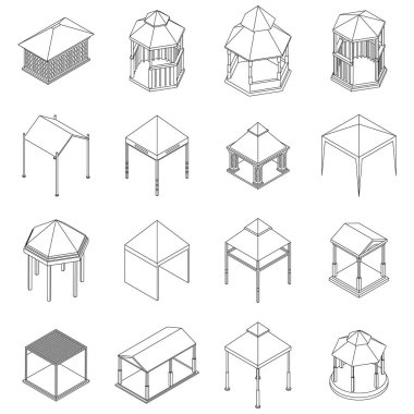Çardak simgeleri ayarlandı. Isometric set of gazebo vektör simgeleri beyaz arkaplan üzerindeki ana vektör çizgisi