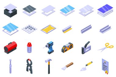 Gergin tavan simgeleri izometrik vektör ayarladı. Enerji evi. Oturma odası.