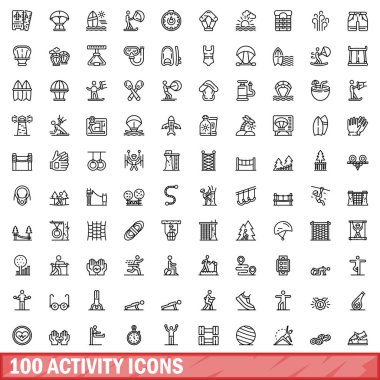 100 aktivite simgesi ayarlandı. Beyaz arkaplanda izole edilmiş 100 etkinlik ikonu vektörünün taslak çizimi