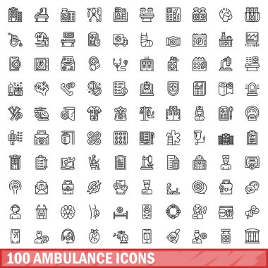 100 ambulance icons set. Outline illustration of 100 ambulance icons vector set isolated on white background clipart