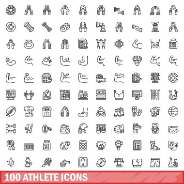 100 atlet simgesi hazır. Beyaz arkaplanda izole edilmiş 100 atlet ikonu vektörünün ana hatları
